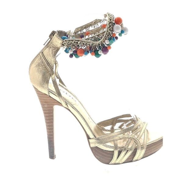 bebe Shoes - Mid 2000s Bebe Heels Sandals Gold Stiletto Beaded Platform Size 6